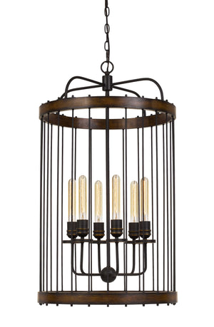 Benzara Round Metal and Wooden Frame Chandelier with Cage Design, Brown and Black BM224996 Brown and Black Metal and Solid Wood BM224996