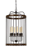 Benzara Round Metal and Wooden Frame Chandelier with Cage Design, Brown and Black BM224996 Brown and Black Metal and Solid Wood BM224996