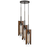 Benzara 3 Bulb Wind Chime Design Chandelier with Wooden Shades, Brown and Black BM224999 Brown and Black Solid Wood, Metal and Glass BM224999