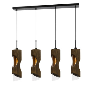 Benzara 4 Light Metal Frame Pendant Fixture with Wooden and Glass Shades, Brown BM225000 Gray Solid Wood, Metal and Glass BM225000