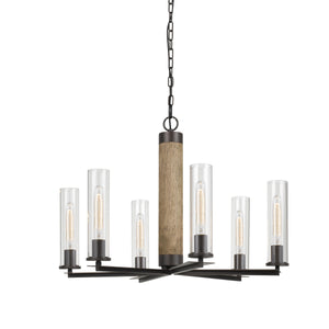 Benzara Metal 6 Bulb Chandelier with Cylindrical Glass Shade, Black and Brown BM225015 Black, Brown Metal, Solid wood BM225015