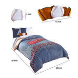 Benzara 5 Piece Polyester Twin Comforter Set with Baseball Inspired Print, Blue BM225161 Blue Fabric BM225161