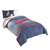 Benzara 5 Piece Polyester Twin Comforter Set with Baseball Inspired Print, Blue BM225161 Blue Fabric BM225161