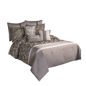 Benzara 10 Piece King Polyester Comforter Set with Leaf Print, Platinum Gray BM225167 Gray Fabric BM225167