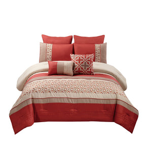 Benzara 8 Piece Queen Polyester Comforter Set with Geometric Embroidery, Orange BM225172 Orange Fabric BM225172