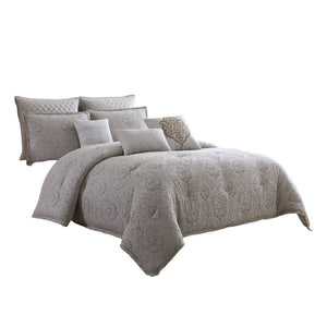 Benzara 10 Piece King Cotton Comforter Set with Textured Floral Print, Gray BM225179 Gray Fabric BM225179