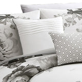 Benzara 7 Piece Cotton King Comforter Set with Floral Print, Gray and White BM225191 Gray and White Fabric BM225191