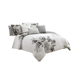 Benzara 7 Piece Cotton King Comforter Set with Floral Print, Gray and White BM225191 Gray and White Fabric BM225191