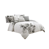 7 Piece Cotton Queen Comforter Set with Floral Print, Gray and White