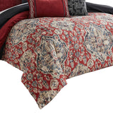 Benzara 10 Piece King Size Comforter Set with Medallion Print, Red and Blue BM225195 Multicolor Fabric BM225195