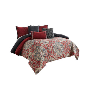 Benzara 10 Piece King Size Comforter Set with Medallion Print, Red and Blue BM225195 Multicolor Fabric BM225195