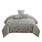 Benzara Queen Size 7 Piece Fabric Comforter Set with Leaf Prints, Gray BM225198 Gray Fabric BM225198