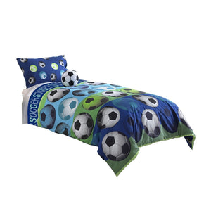 Benzara 3 Piece Twin Size Comforter Set with Soccer Theme, Multicolor BM225199 Multicolor Fabric BM225199