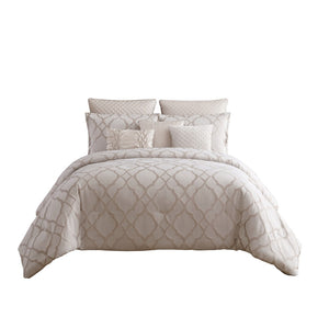 Benzara 10 Piece King Size Fabric Comforter Set with Quatrefoil Prints, White BM225201 White Fabric BM225201