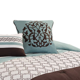 Benzara Quatrefoil King Size 8 Piece Fabric Comforter Set , Brown and Blue BM225203 Brown and Blue Fabric BM225203