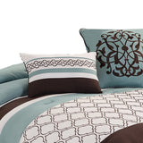 Benzara Quatrefoil King Size 8 Piece Fabric Comforter Set , Brown and Blue BM225203 Brown and Blue Fabric BM225203