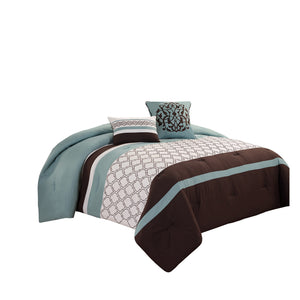 Benzara Quatrefoil King Size 8 Piece Fabric Comforter Set , Brown and Blue BM225203 Brown and Blue Fabric BM225203