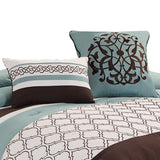 Benzara Quatrefoil King Size 8 Piece Fabric Comforter Set , Brown and Blue BM225203 Brown and Blue Fabric BM225203