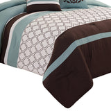 Benzara Quatrefoil King Size 8 Piece Fabric Comforter Set , Brown and Blue BM225203 Brown and Blue Fabric BM225203