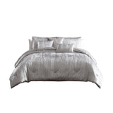 Queen Size 7 Piece Fabric Comforter Set with Crinkle Texture, Silver