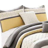 Benzara Quatrefoil Print Queen Size 7 Piece Fabric Comforter Set, Yellow and Gray BM225208 Yellow and Gray Fabric BM225208