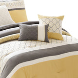 Benzara Quatrefoil Print Queen Size 7 Piece Fabric Comforter Set, Yellow and Gray BM225208 Yellow and Gray Fabric BM225208