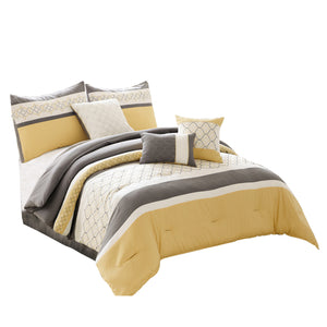 Benzara Quatrefoil Print Queen Size 7 Piece Fabric Comforter Set, Yellow and Gray BM225208 Yellow and Gray Fabric BM225208