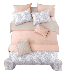 Benzara 8 Piece King Comforter and Coverlet Set with Floral Swirl Pattern, Pink BM225220 Pink Fabric BM225220