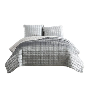 Benzara 3 Piece King Size Coverlet Set with Stitched Square Pattern, Silver BM225241 Silver Fabric BM225241