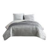 3 Piece King Size Coverlet Set with Stitched Square Pattern, Silver