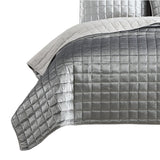 Benzara 3 Piece Queen Size Coverlet Set with Stitched Square Pattern, Silver BM225242 Silver Fabric BM225242