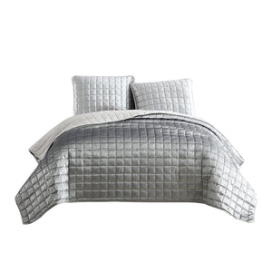 Benzara 3 Piece Queen Size Coverlet Set with Stitched Square Pattern, Silver BM225242 Silver Fabric BM225242