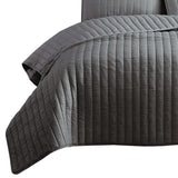 Benzara 3 Piece Crinkles Queen Size Coverlet Set with Vertical Stitching, Gray BM225246 Gray Fabric BM225246