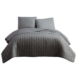 Benzara 3 Piece Crinkles Queen Size Coverlet Set with Vertical Stitching, Gray BM225246 Gray Fabric BM225246