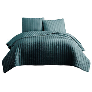 Benzara 3 Piece Crinkle King Coverlet Set with Vertical Stitching, Turquoise Blue BM225253 Blue Fabric BM225253