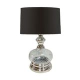 Benzara Pot Bellied Shape Glass Table Lamp with Metal Tier Base, Clear and Black BM225585 Clear, Black Glass, Metal, Fabric BM225585