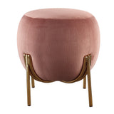 Benzara Fabric Upholstered Round Ottoman with Straight Metal Legs, Pink and Gold BM225678 Pink and Gold Solid Wood, Fabric and Metal BM225678