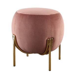 Benzara Fabric Upholstered Round Ottoman with Straight Metal Legs, Pink and Gold BM225678 Pink and Gold Solid Wood, Fabric and Metal BM225678