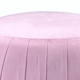 Benzara Fabric Upholstered Round Pleated Ottoman with Metal Base, Pink and Gold BM225680 Pink and Gold Solid Wood, Fabric and Metal BM225680