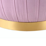 Benzara Fabric Upholstered Round Pleated Ottoman with Metal Base, Pink and Gold BM225680 Pink and Gold Solid Wood, Fabric and Metal BM225680