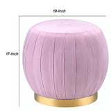 Benzara Fabric Upholstered Round Pleated Ottoman with Metal Base, Pink and Gold BM225680 Pink and Gold Solid Wood, Fabric and Metal BM225680