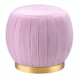 Benzara Fabric Upholstered Round Pleated Ottoman with Metal Base, Pink and Gold BM225680 Pink and Gold Solid Wood, Fabric and Metal BM225680