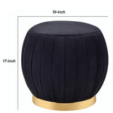 Benzara Fabric Upholstered Round Pleated Ottoman with Metal Base, Black and Gold BM225681 Black and Gold Solid Wood, Fabric and Metal BM225681