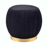 Benzara Fabric Upholstered Round Pleated Ottoman with Metal Base, Black and Gold BM225681 Black and Gold Solid Wood, Fabric and Metal BM225681