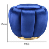 Benzara Fabric Channel Tufted Round Ottoman with Metal Base, Blue and Gold BM225684 Blue and Gold Solid Wood, Fabric and Metal BM225684