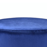 Benzara Fabric Upholstered Round Ottoman with Fringes and Metal Base, Dark Blue BM225686 Blue Solid Wood and Fabric BM225686