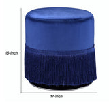 Benzara Fabric Upholstered Round Ottoman with Fringes and Metal Base, Dark Blue BM225686 Blue Solid Wood and Fabric BM225686