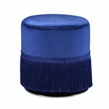 Benzara Fabric Upholstered Round Ottoman with Fringes and Metal Base, Dark Blue BM225686 Blue Solid Wood and Fabric BM225686