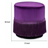 Benzara Fabric Upholstered Round Ottoman with Fringes and Metal Base, Purple BM225687 Purple Solid Wood and Fabric BM225687