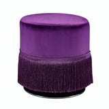 Benzara Fabric Upholstered Round Ottoman with Fringes and Metal Base, Purple BM225687 Purple Solid Wood and Fabric BM225687